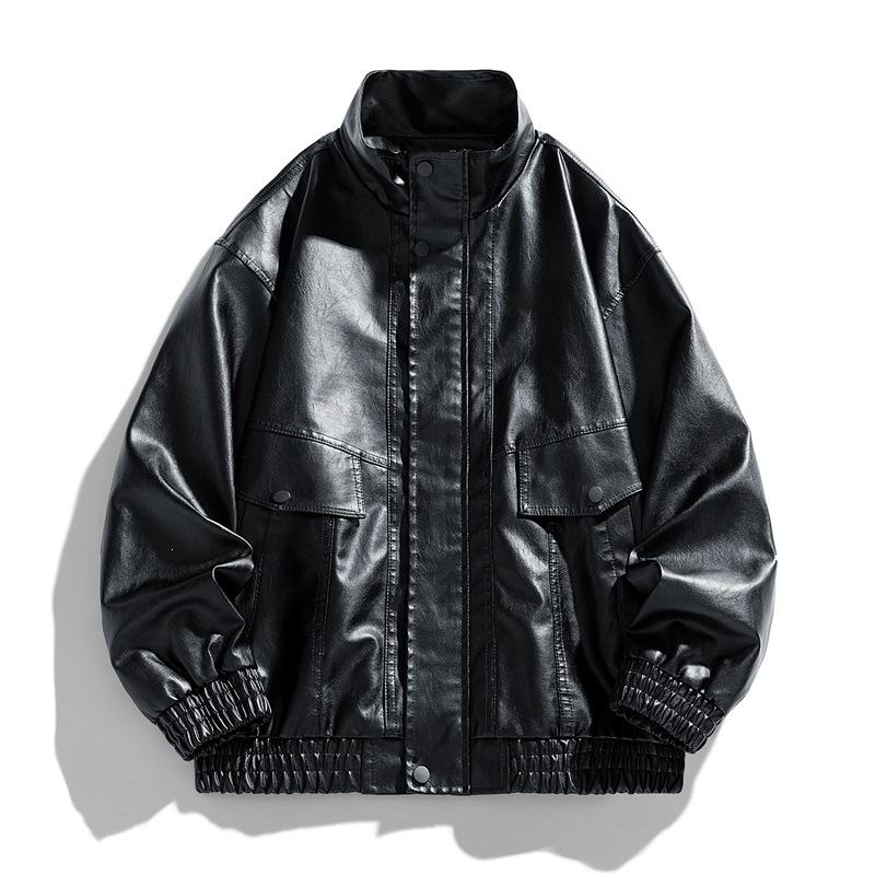 New Fattened Plus Size Leather Jacket Men's PU Leather Tooling Large Size Leather Jacket Men's Stand-Up Collar Locomotive Douyin Cross