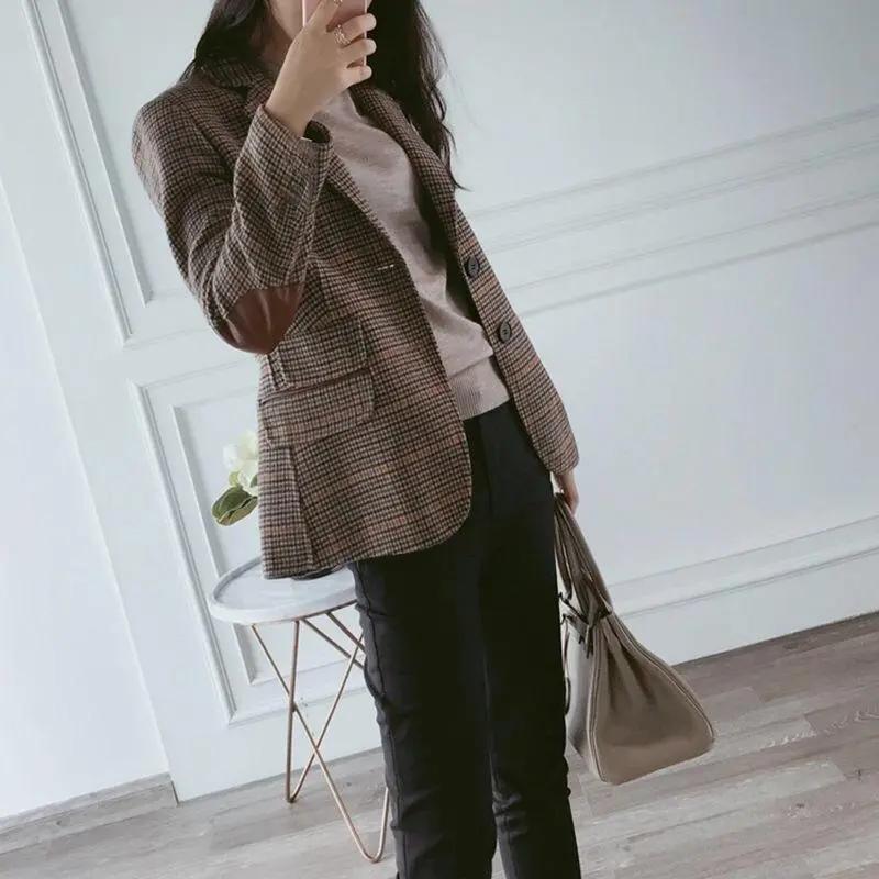 Women Spring British Style Plaid Blazer Lady Slim Patchwork Single Breasted Business Outwear