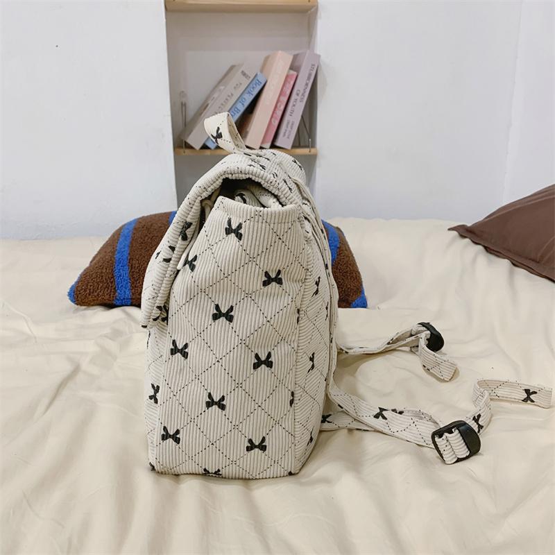 Vintage Corduroy Backpack Women's Bow Print Large Capacity Backpack