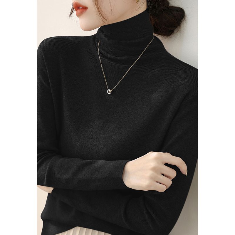High-Grade Slim fit Pullover Pea Green Inner wear Base Women clothes Simple Pile Collar Spring Long sleeve Knit Top