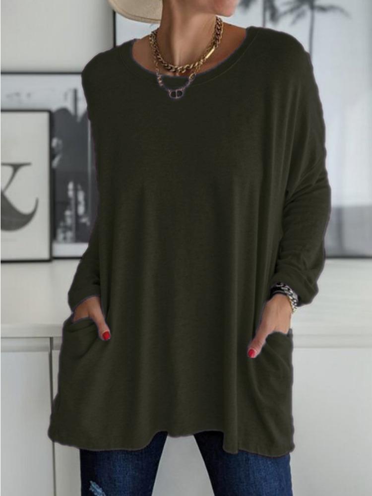 Spring and Summer New Round Neck Long Sleeved Loose Pocket Solid Color T-shirt Casual Women's Clothing