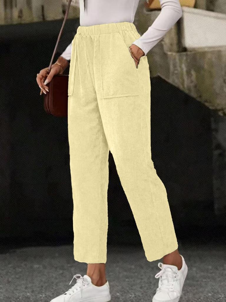 New Fall Women's Clothing Solid Elastic Waist Corduroy Pants Women Straight Leg Casual