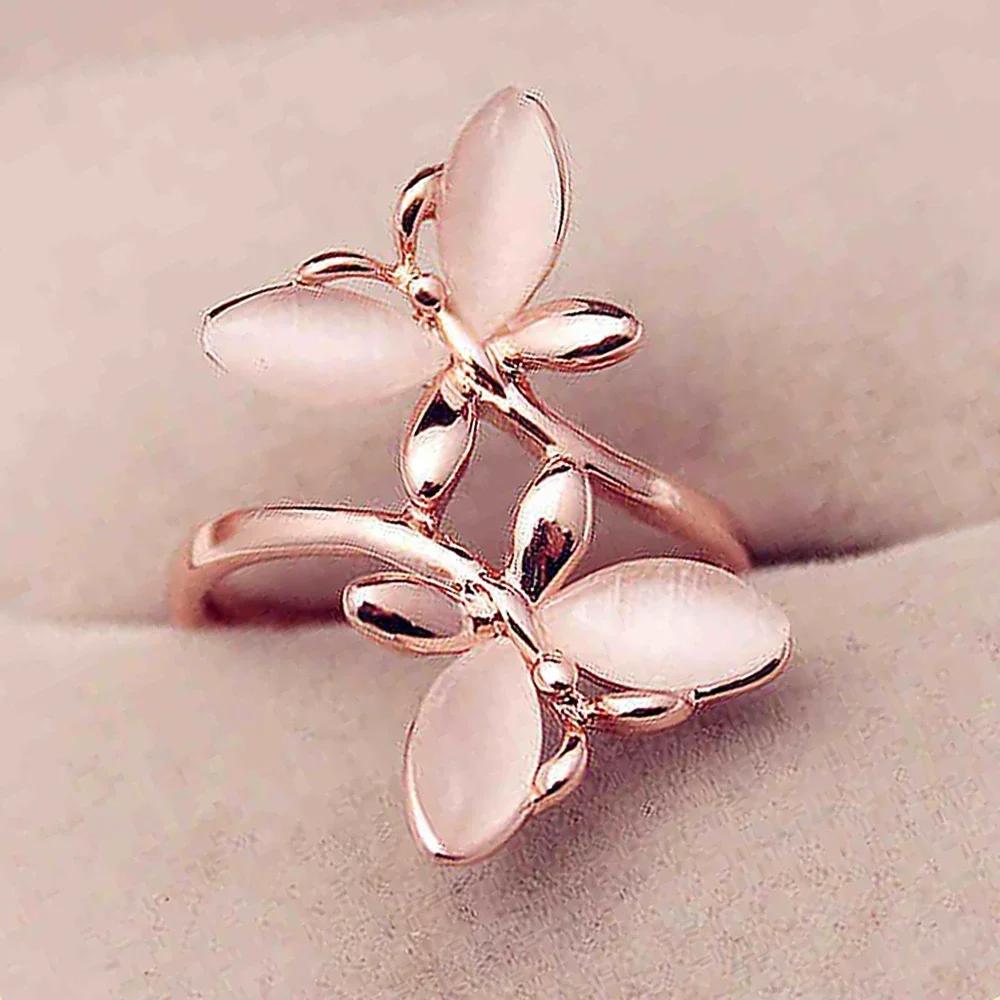 Rose Gold Color Butterfly Finger Ring for Female Romantic Bridal Wedding Ceremony Party Accessories Women Fashion Jewelry