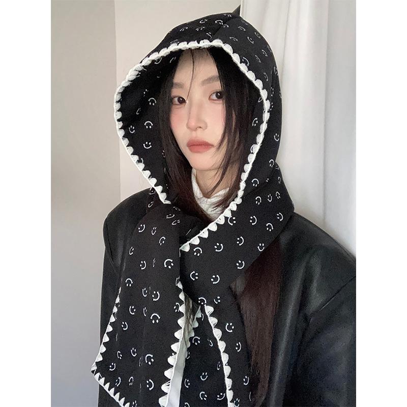 

Bow Print Scarf and Hat Integrated Women s Autumn and Winter Cotton Warm Scarf New Fresh and Sweet Trend Versatile Hooded Scarf чёрный