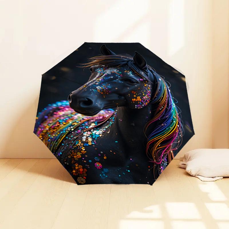 Colorful Sequin Horse Head Automatic Opening Folding Umbrella with Rainbow Mane - Outdoor Rain Gear for Fans, Travelers, Everyday Use, Festi