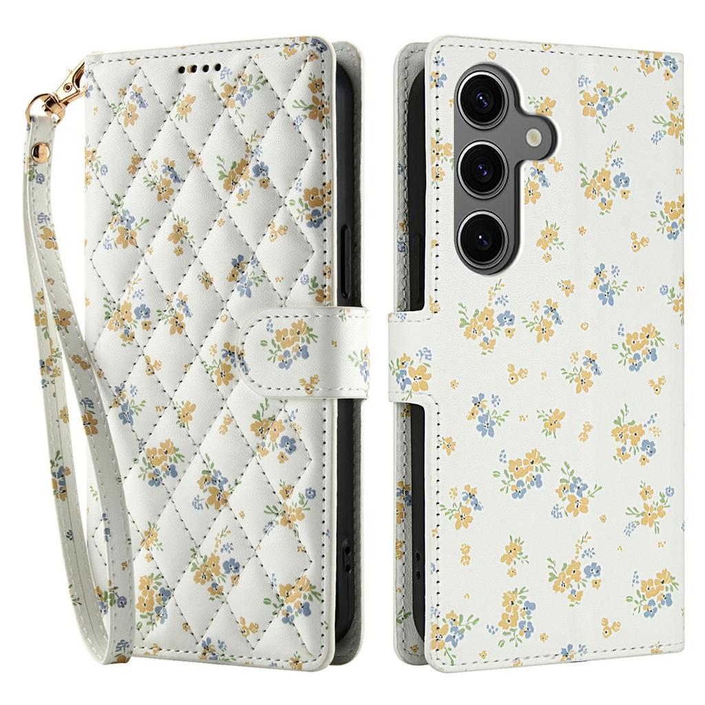 For Samsung Galaxy S25 FE Wallet Case Rhombic Floral Design Leather Flip Phone Cover with Strap