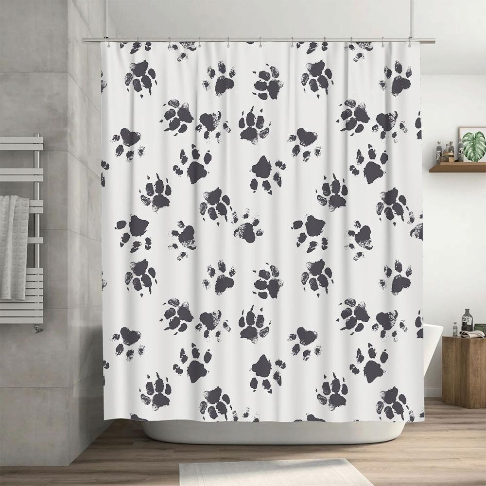 White Floral Shower Curtain with Paw Print Pattern Modern Decorative Waterproof Bath Mat Cover for Home Bathroom Accessories Bla