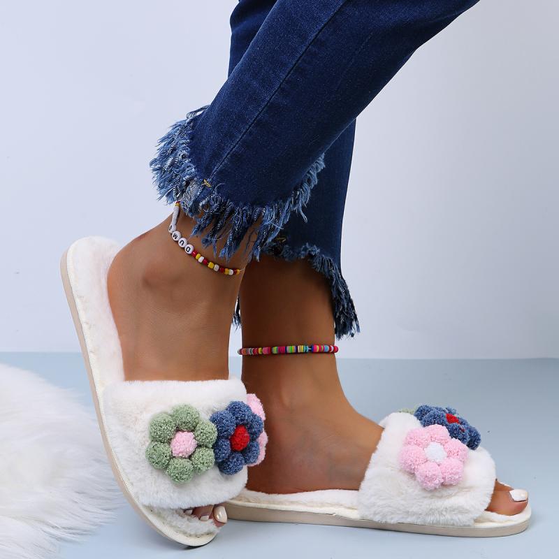 Fashion Fashion Flower Short Plush Cotton Slippers Women 2025 Autumn Round Toe Soft Thick Bottom Slides Sexy Faux Fur Outdoor Slippers