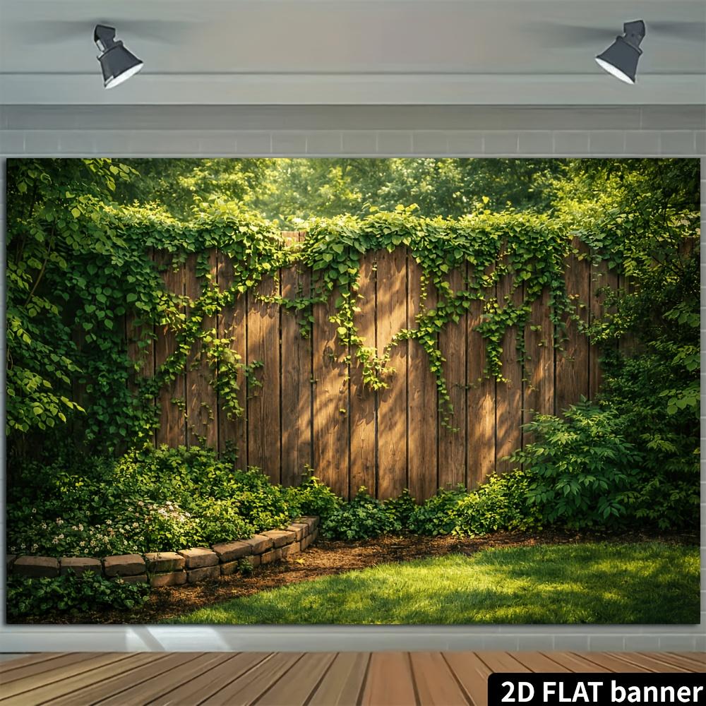 2D Planar Courtyard Landscape Banner Background Featuring Wooden Fences and Green Plants with Both Indoor and Outdoor Scenes
