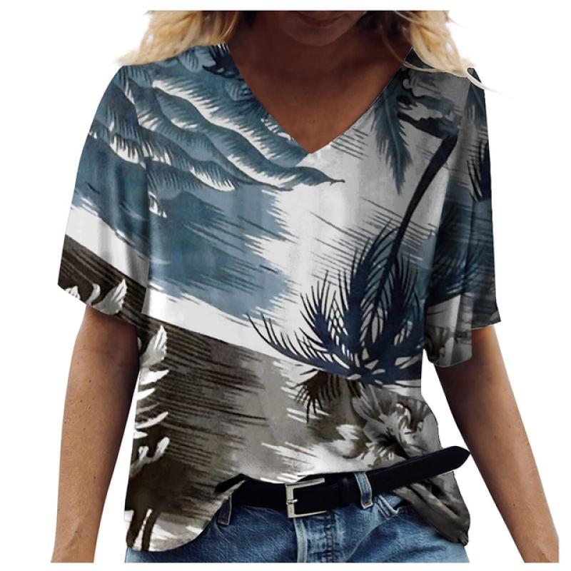 Ny fransk dame V-hals Kontrast Fritid V-krage T-skjorte med blomstertrykk 2023 Vår Sommer Slim Fit Kortermet T-skjorte for kvinner