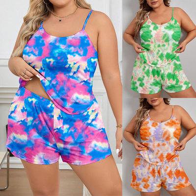 Conjunto de pijama de tirantes y shorts talla grande 3XL 4XL 5XL para verano, conjunto casual holgado con estampado tie-dye para mujer, conjunto de ropa de dormir, ropa para casa