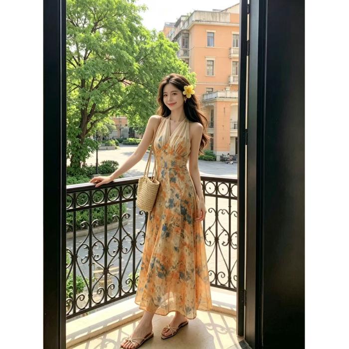 French Oil Painting Floral Halter Neck Dress Women's First Love Long Dress Gentle and Beautiful Seaside Wear Beach Dress Women