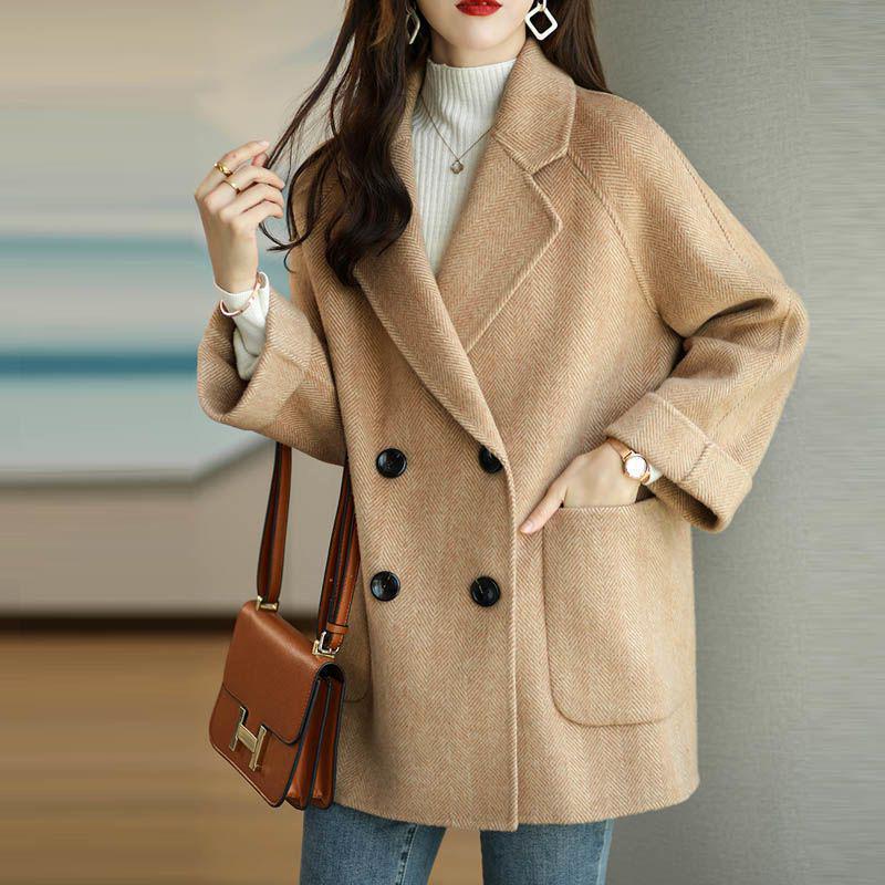 Korean Style Women's Mid-Length Herringbone Wool Coat - Autumn & Winter Fashion