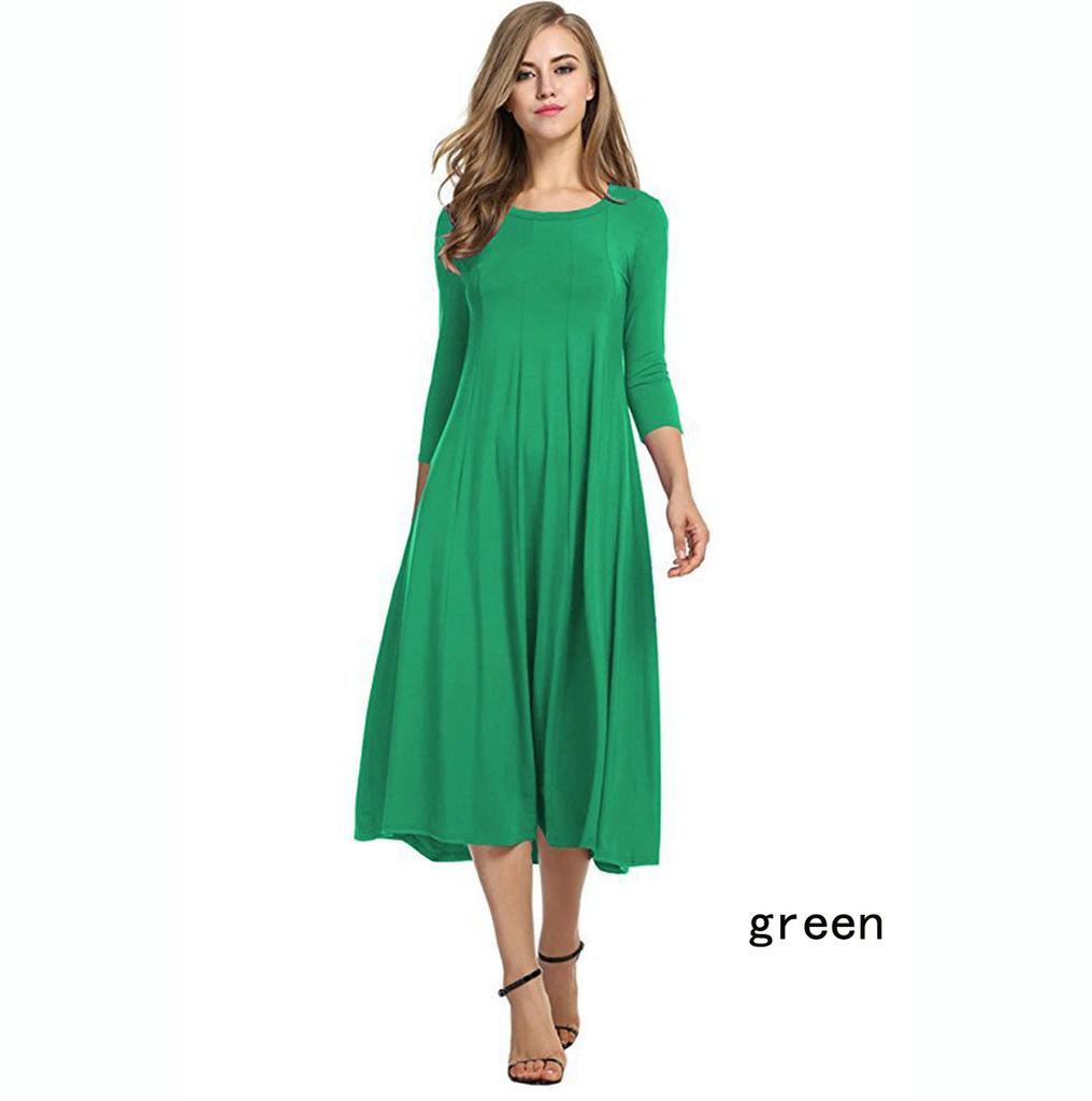 Round Neck Mid-sleeve Solid Color Swing Dress Fashion Temperament Elegant Women's Clothing