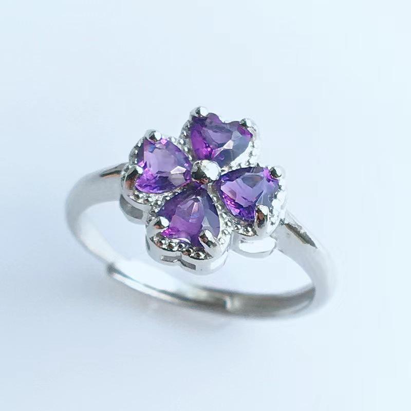 Natural Amethyst Four-Leaf Clover Pinky Ring, Adjustable Lucky Gift Jewelry for Women Adjustable белый