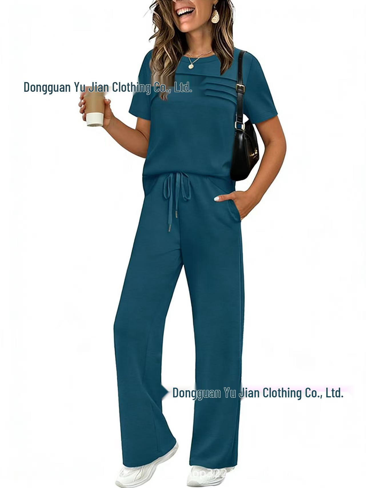 

2026 Spring/Summer Women s Set: Short Sleeve Top & Elastic Waist Wide Leg Pants M