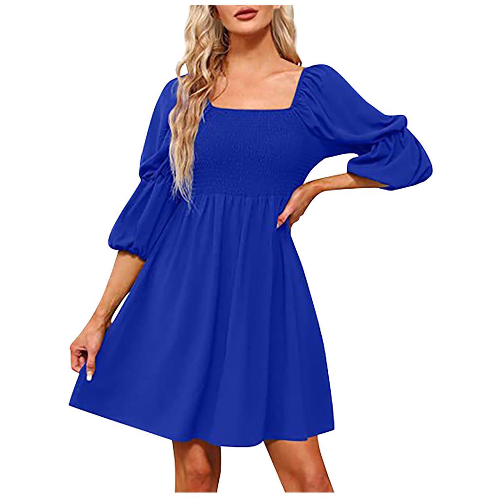 Women's Fashion Square Neck Puff Sleeve Pleated Backless Dress