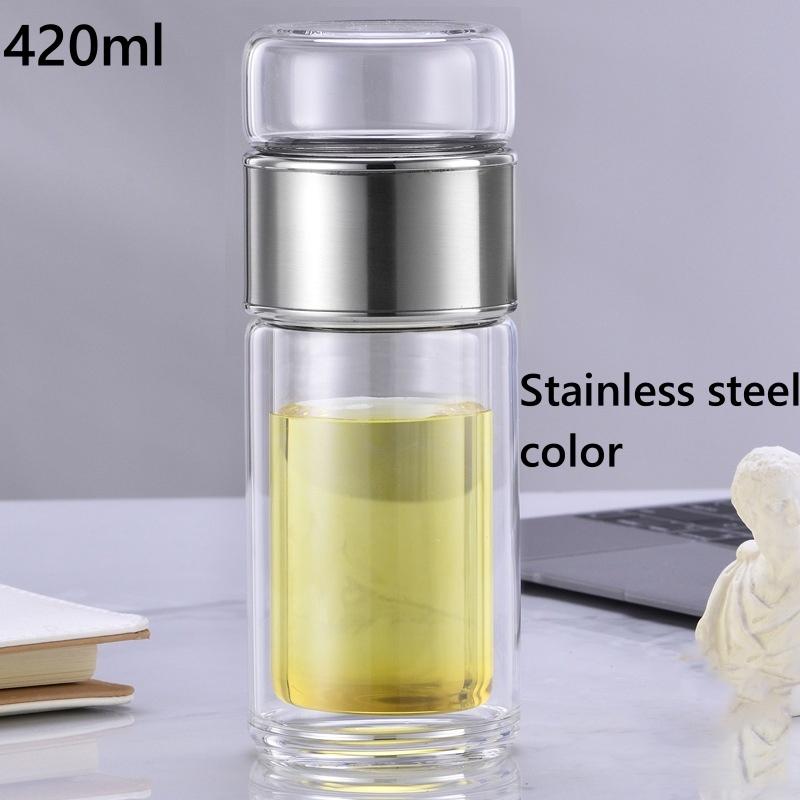 

420ml Double Wall Borosilicate Glass Tea Bottle with Infuser Portable Travel Mug with Tea Strainer for Insulated Tea Making серебряный