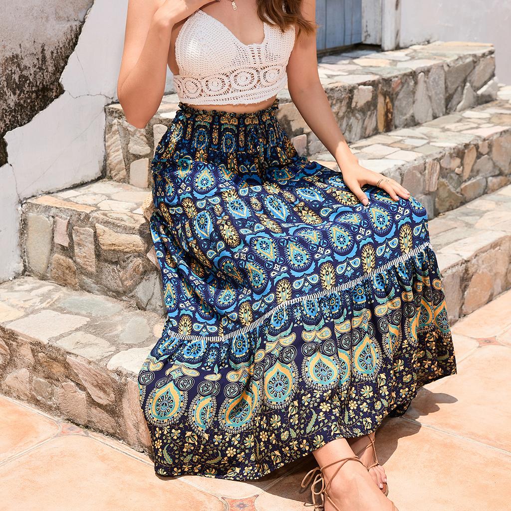 2025 Spring Summer Bohemian Ethnic Lace Trim Cotton Maxi Skirt, Vacation Style Long Skirt