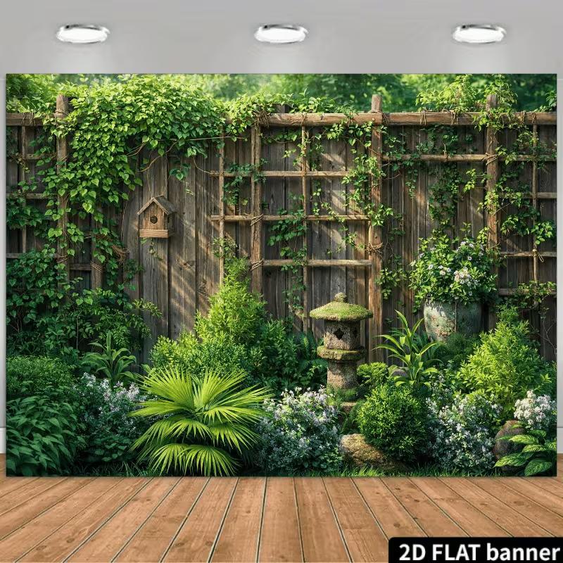 2D Rustic Wood Fence Greenery Backdrop for Outdoor Theme Party