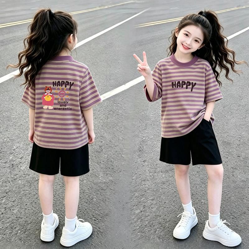 Girls' Stylish Patchwork Stripe Short Sleeve T-shirt Set for Ages 6-15
