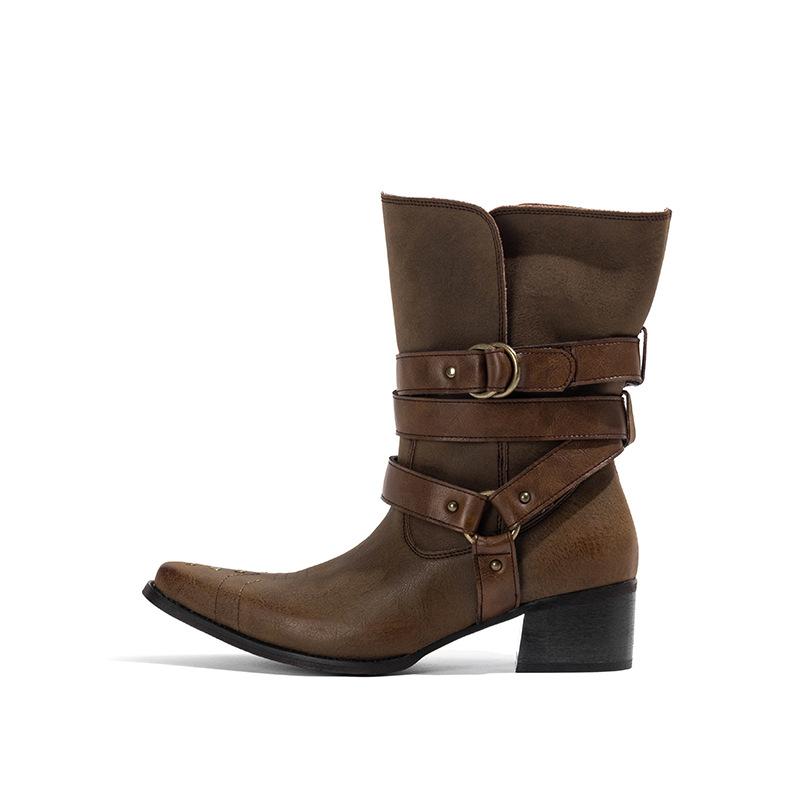 Brown pointed short boots women's 2025 autumn and winter new old wasteland wind boots embroidered western cowboy boots