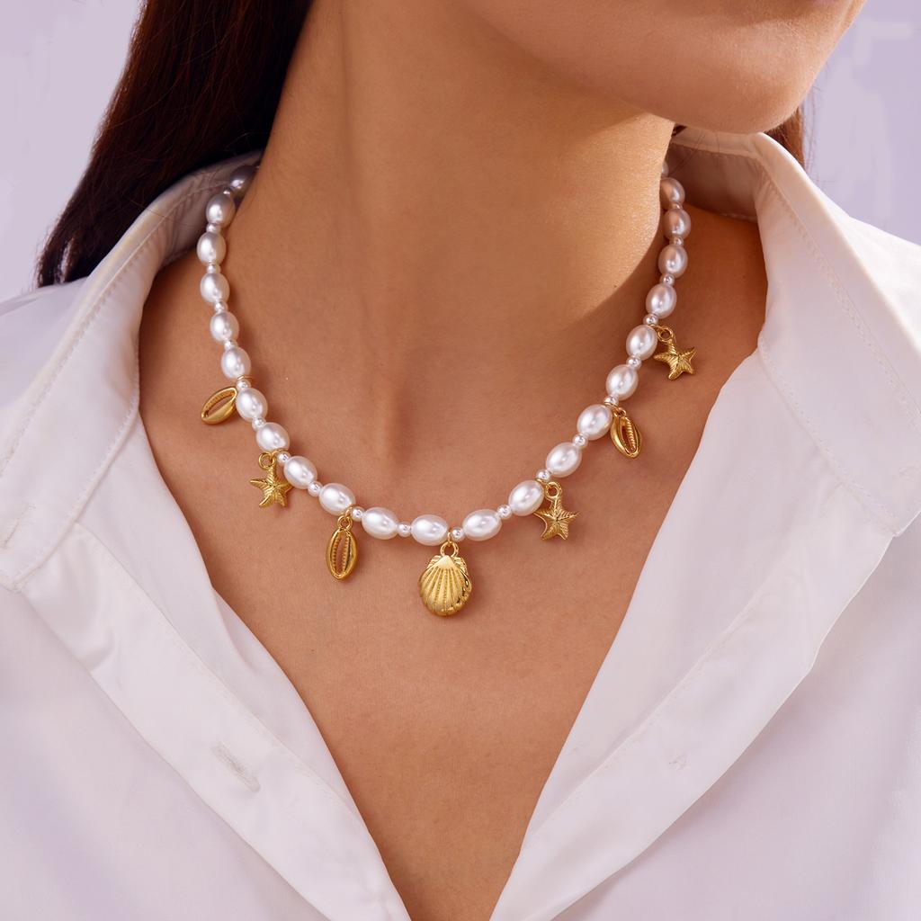 Multilayer Imitation Pearl Polymer Clay Beads Necklace for Women Bohemian Starfish Conch Shell Choker Chain Summer Jewelry Gift