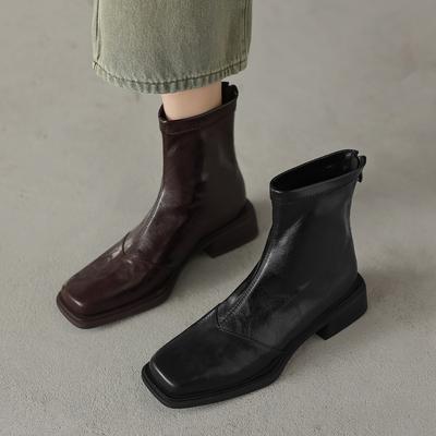 Blue Cabinet~ Retro Soft Leather Thick Heel Elastic Short Boots Women's Skinny Boots Middle Heel Square Head Back Zipper Black Martin Boots