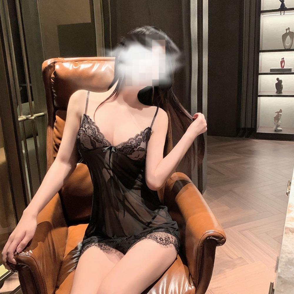 Night Crisp Sexy Underwear Lace Mesh Cardigan Pajamas Uniform Seduction Passion Tease Four-piece Set with Chest Pad