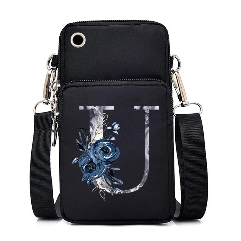 Blue Roses Alphabet Print Small Shoulder Bag 26 Letters Mini Crossbody Phone Bag for Women