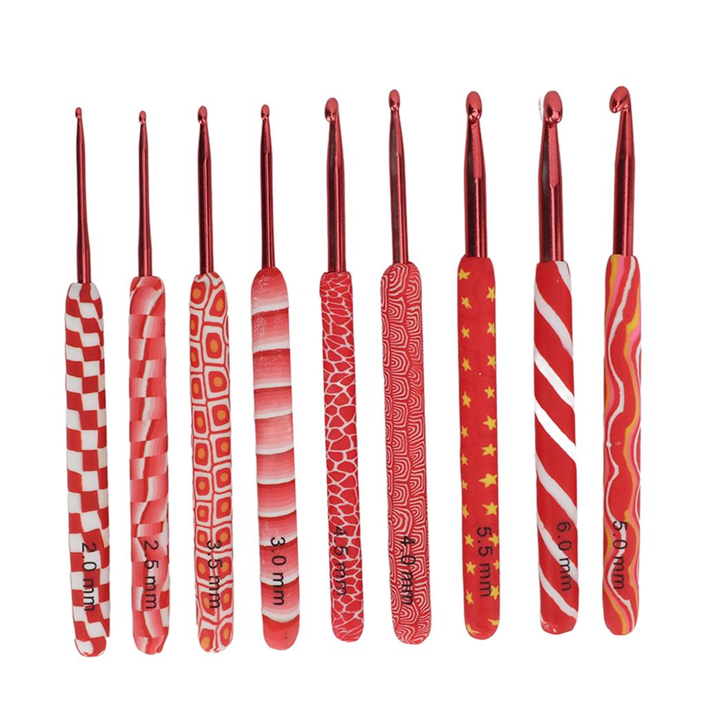 9pcs Crochet Hooks Differentiable Sizes Red Handle Ergonomic Grip Aluminum Material Knitting