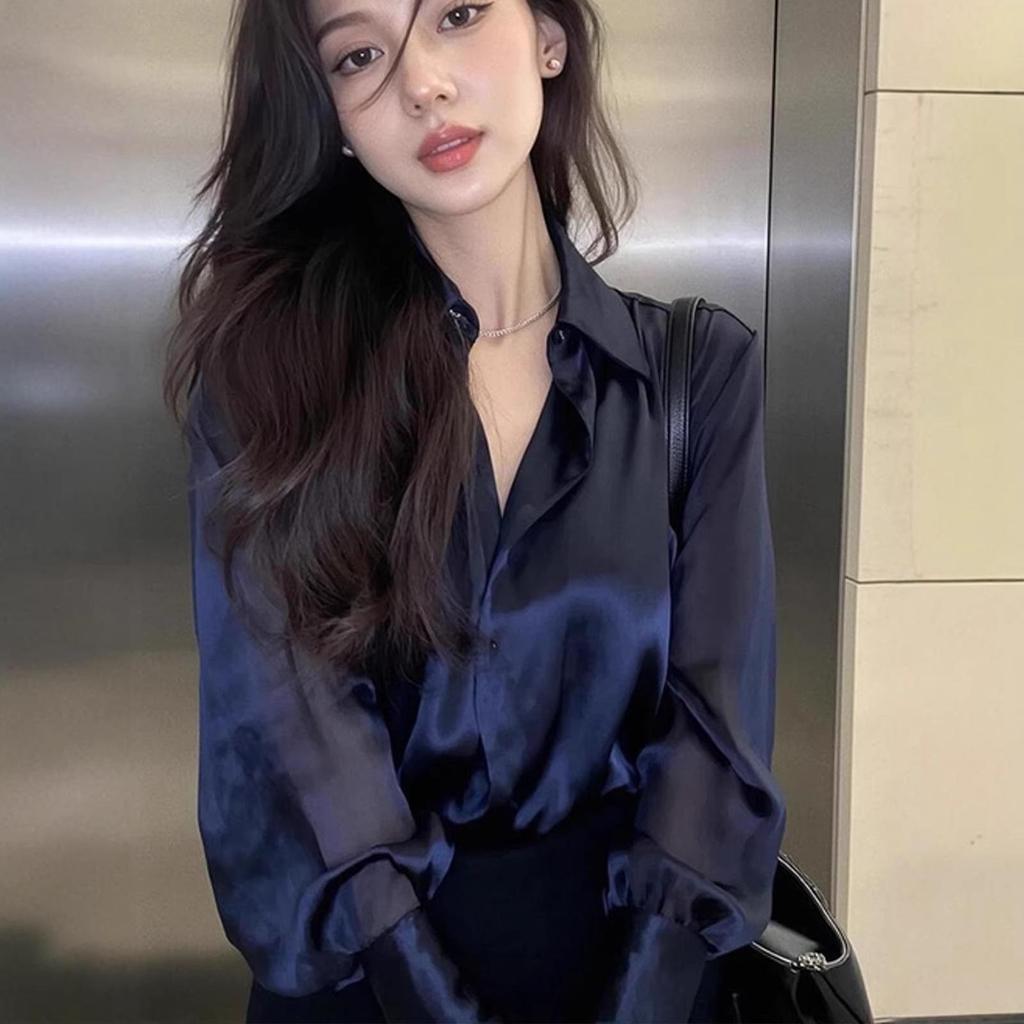 Women's Exquisite Blue Long Sleeve Polo Shirt - Stylish, Versatile, and Slimming for Spring/Autumn