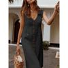 QICED Fashion Summer Spring Solid Color Print Sleeveless V-Neck Casual Dresses