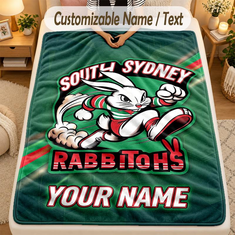 Flannel BlanketSouth Sydney Rabbitohs Custom Name Text Personalized Soft Warm Throw Blanket Home Decor Gift