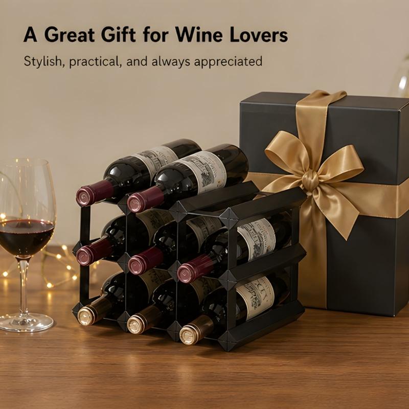 Horizontal Wine Bottle Holder 9 Bottle Countertop Rack, Freestanding Black Display Frame for Kitchen Counter and Dining Table Room Use
