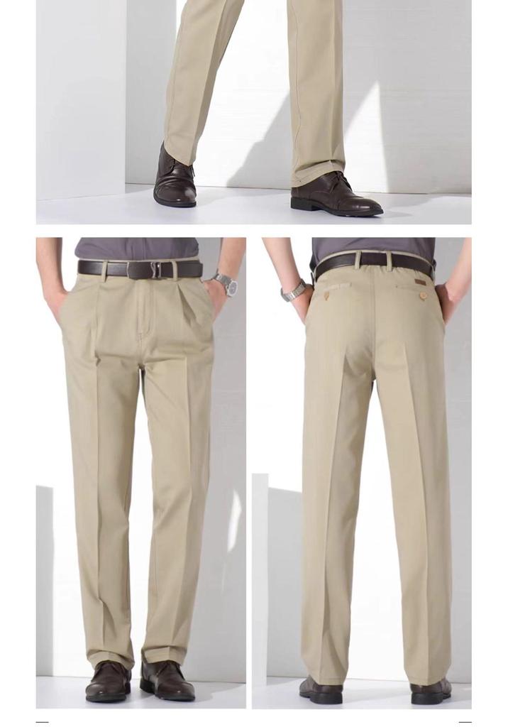 Men's Pure Cotton Double-Pleat Casual Pants - High Waist, Wide Leg, Non-Iron, Summer-Weight for Middle-Aged and Elderly.