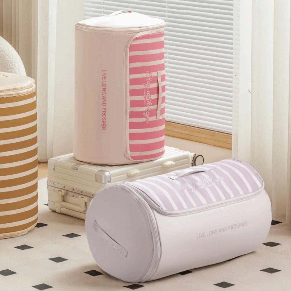Large Capacity Cylinder Quilt Storage Bag Striped Pattern Compressible Bedding Organizer  Wardrobe