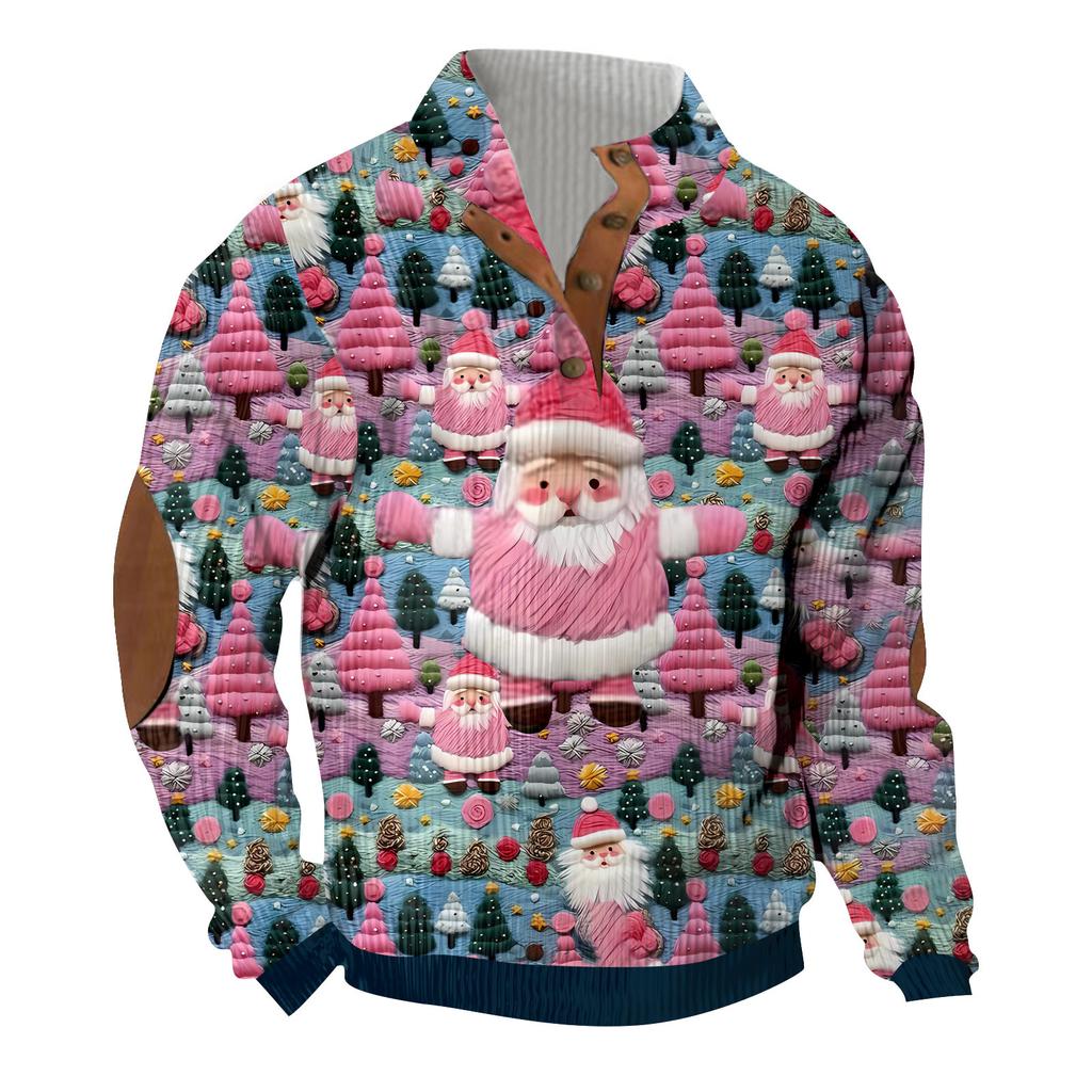 Christmas Print 3-button - Men's Stand Up Collar Sweatshirt, Outdoor Casual Hoodie With Buckle