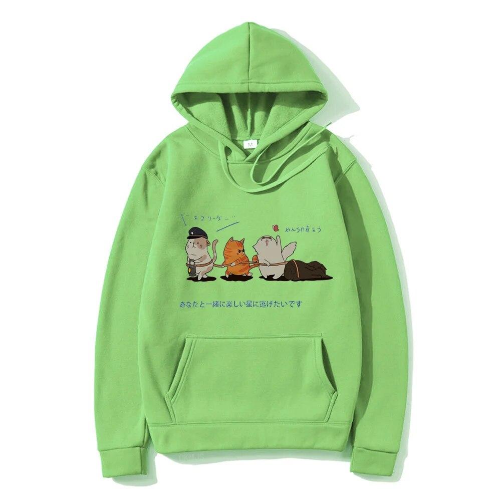 Men Hip Hop Unisex's Hoodies Streetwear Japanese Kanji Harajuku Funny Cat Unisex Hoodies Sweatshirts Autumn Winter Oversized Clothing