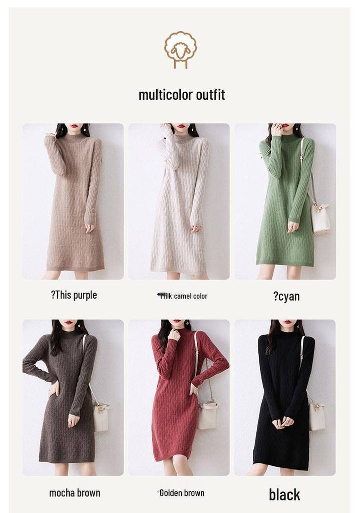 Women's Mid-Length High Neck Pure Wool Cashmere Sweater Dress - Thickened Knit for Autumn Winter