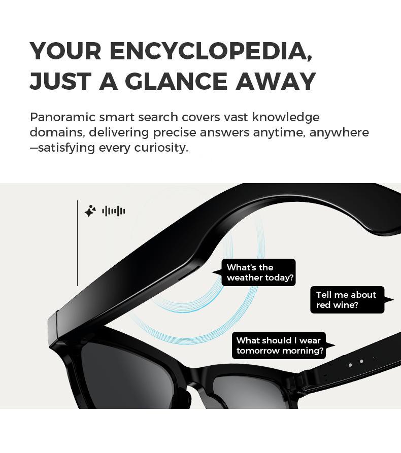 Occhiali Bluetooth con Fotocamera HD da 800W: Traduzione AI, Identificazione Oggetti, Registrazione Foto e Video.