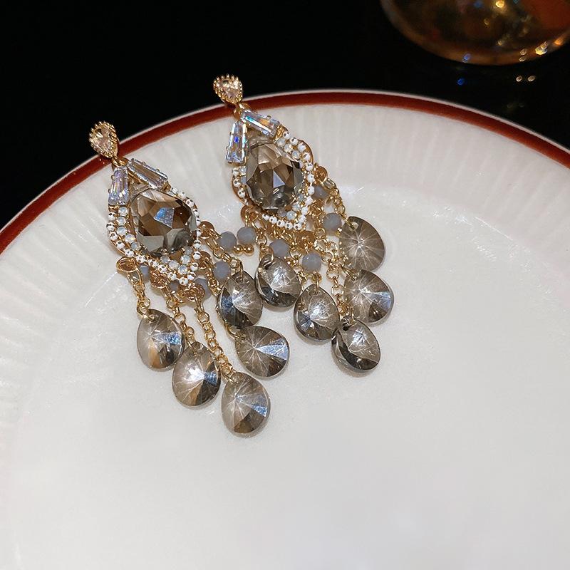 Silver needle zircon water drop glass bead fringed stud earrings retro niche earrings temperament earrings light luxury