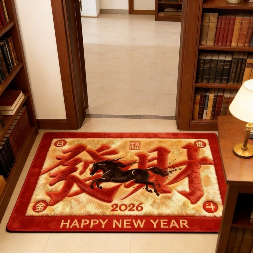 Cartoon Horse Floor Mat Blessing Words Soft 2026 New Year Anti Slip Mat Lucky Quick Dry Pony Door Mat Floor Protection