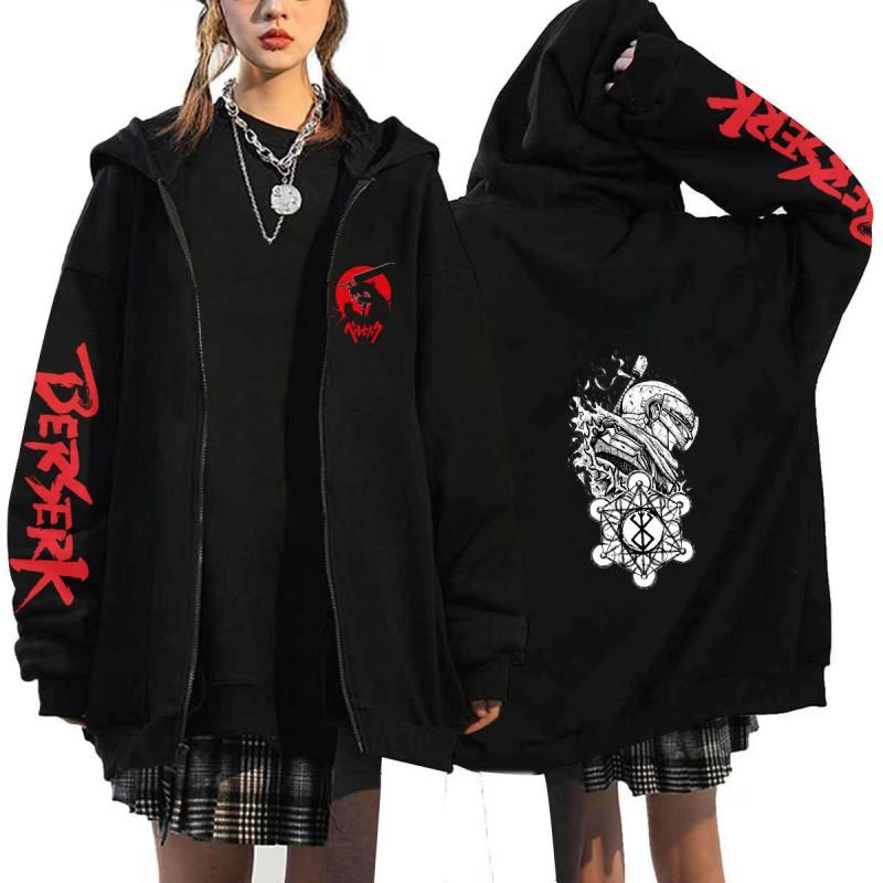 Berserk Anime Hooded Zip-Up Sweatshirt Men Oversized Fleece-Lined Pullover With Drawstring Cap Side Pockets