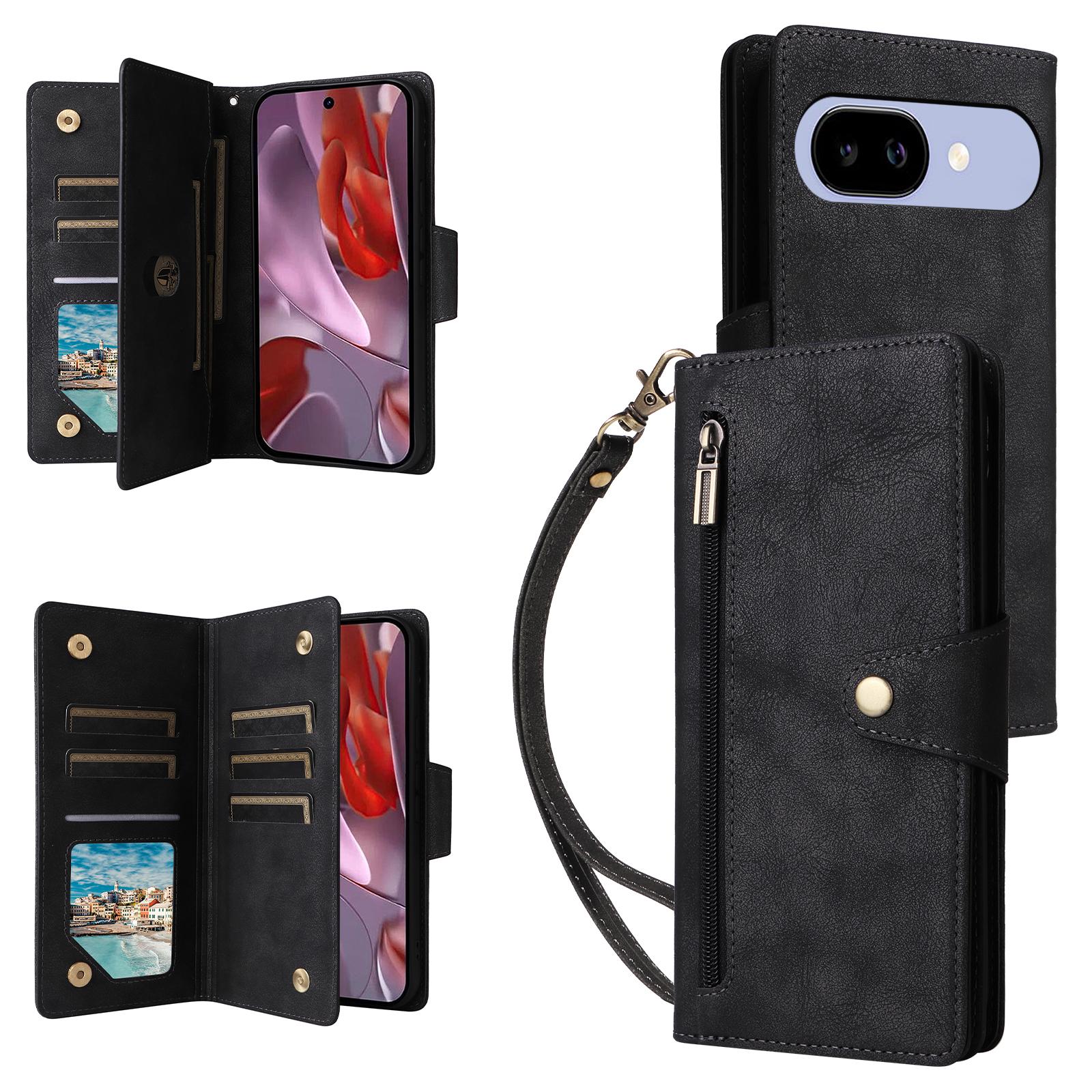 

For Google Pixel 9a Case Zipper Wallet Leather Stand Phone Cover Rivet Decor Black