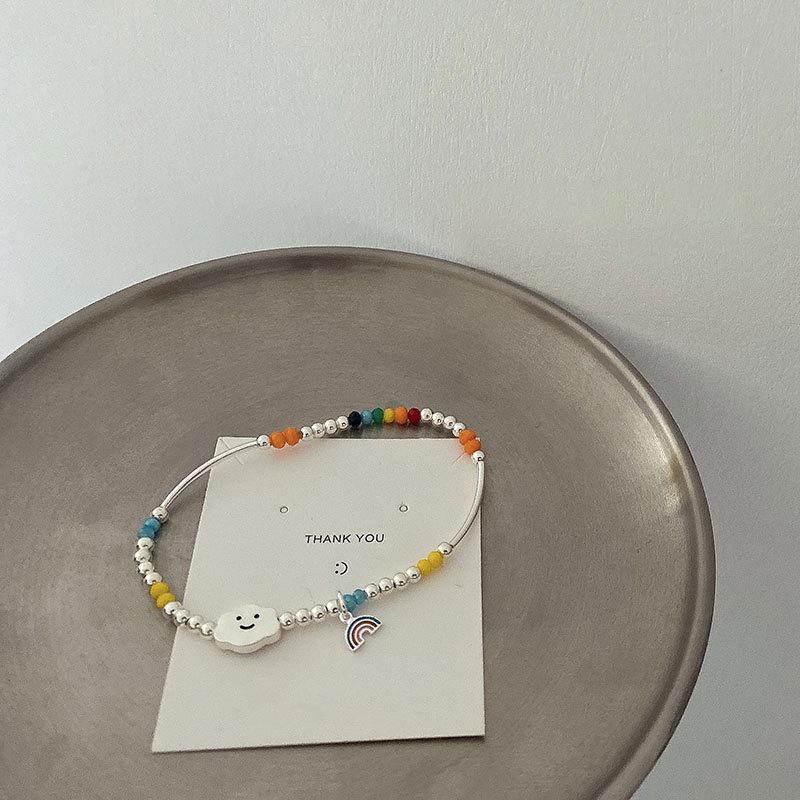 Korean Style S925 Silver Plated Rainbow Bead Heart Bear Bracelet - Women's Fashion Jewelry