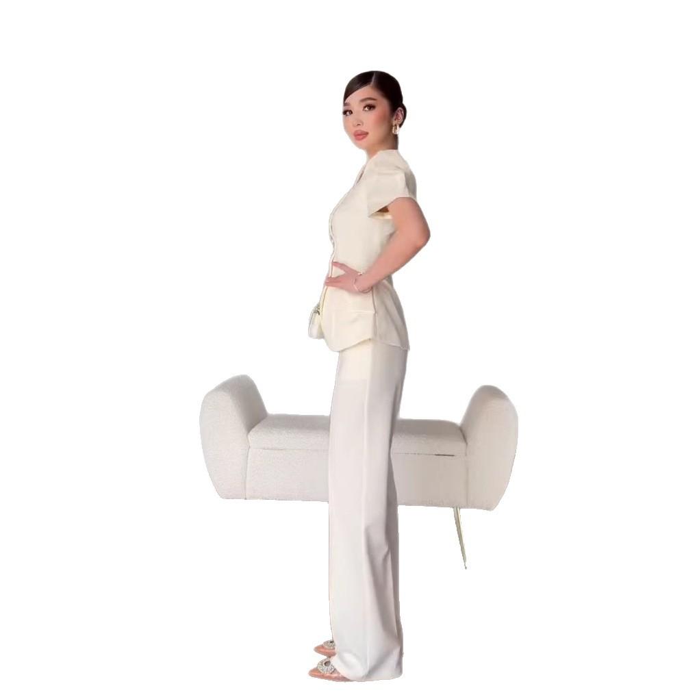 26 Europe, America, Amazon cross-border women's clothing new stand-up collar water drop type hollow design bubble sleeve top trousers