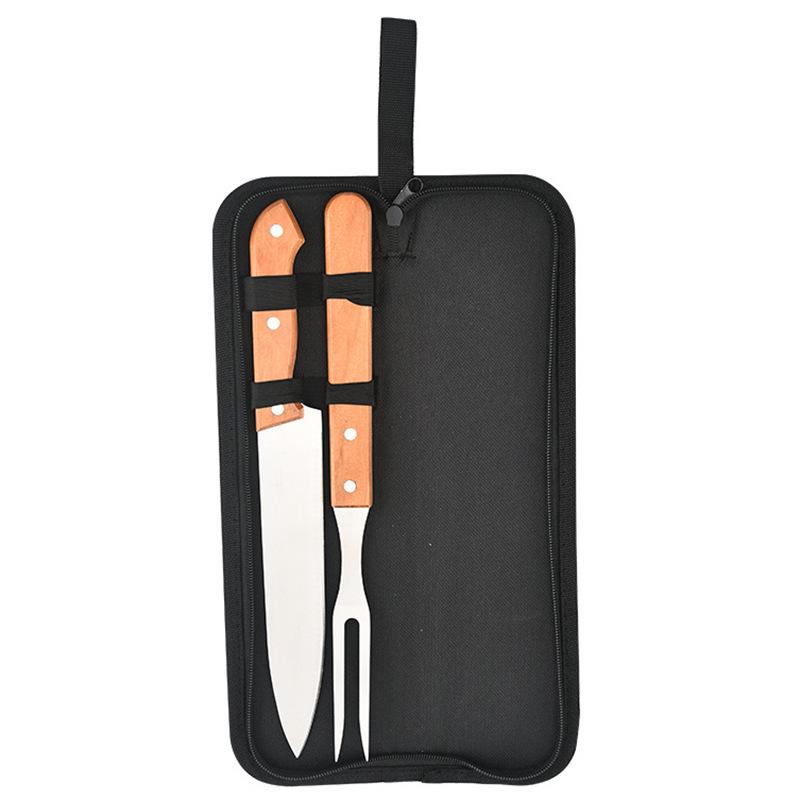 Outdoor BBQ Tool Set: Charcoal BBQ Tools with Wooden-Handled Kitchen Knife, Shovel, Fork, and Tongs.