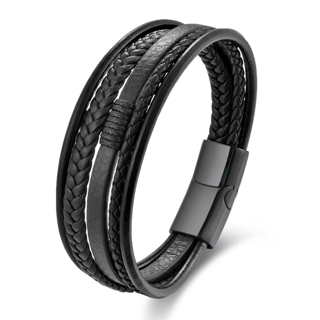 Men's Black Leather Bracelet Stainless Steel Double Layer Braided Wristband Fashion Handmade Cowhide Rope Jewelry Accessories