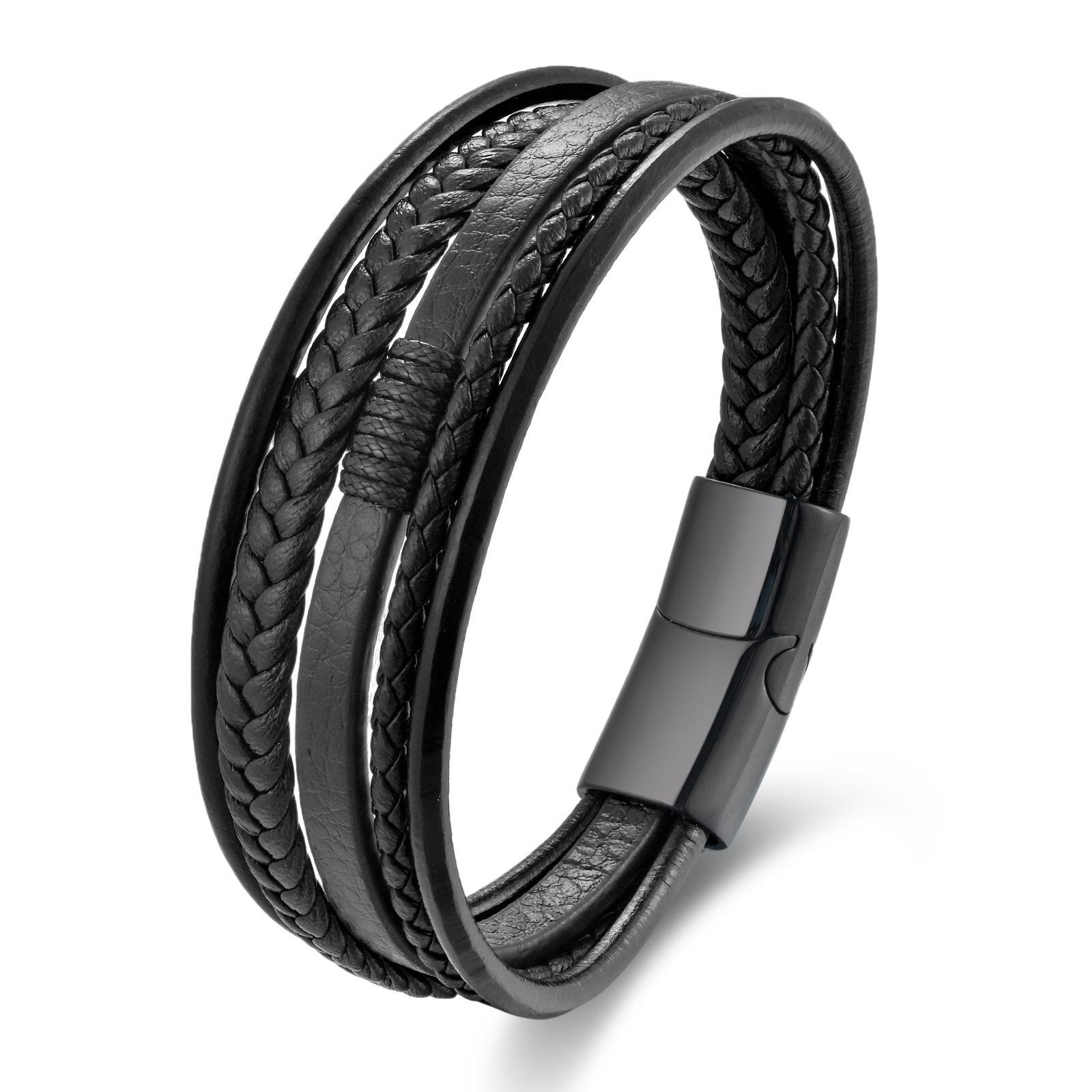 Мужской черный кожаный браслет из нержавеющей стали, двухслойный плетеный браслет, модные аксессуары из воловьей кожи ручной работы 21cm